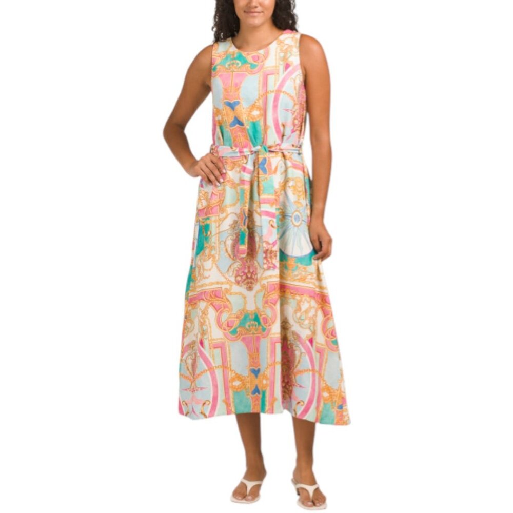 LA RAGAZZE Made In Italy Linen Blend Round Neck Maxi Dress With Belt